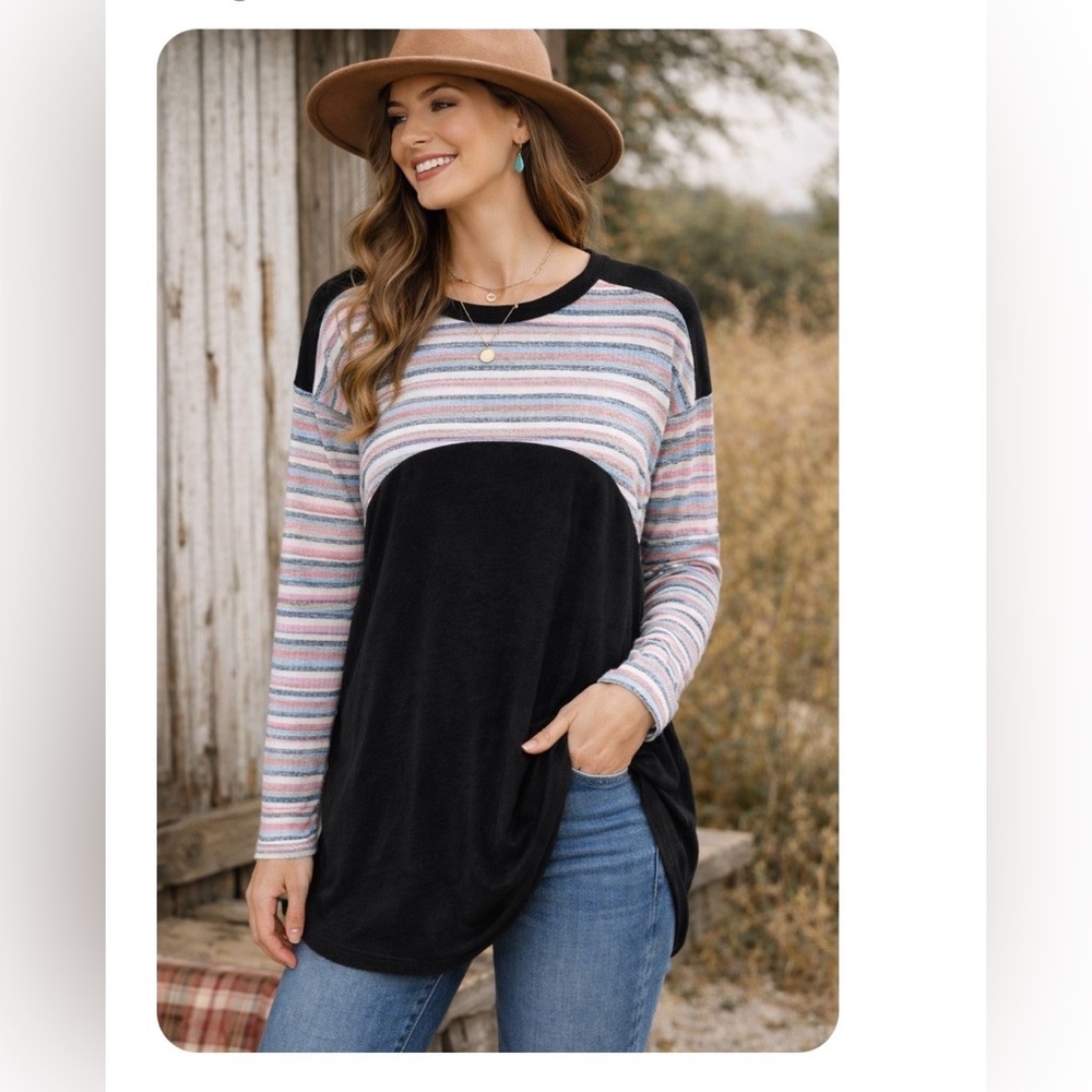 Umgee Black and Multicolor Striped Long Sleeve Top